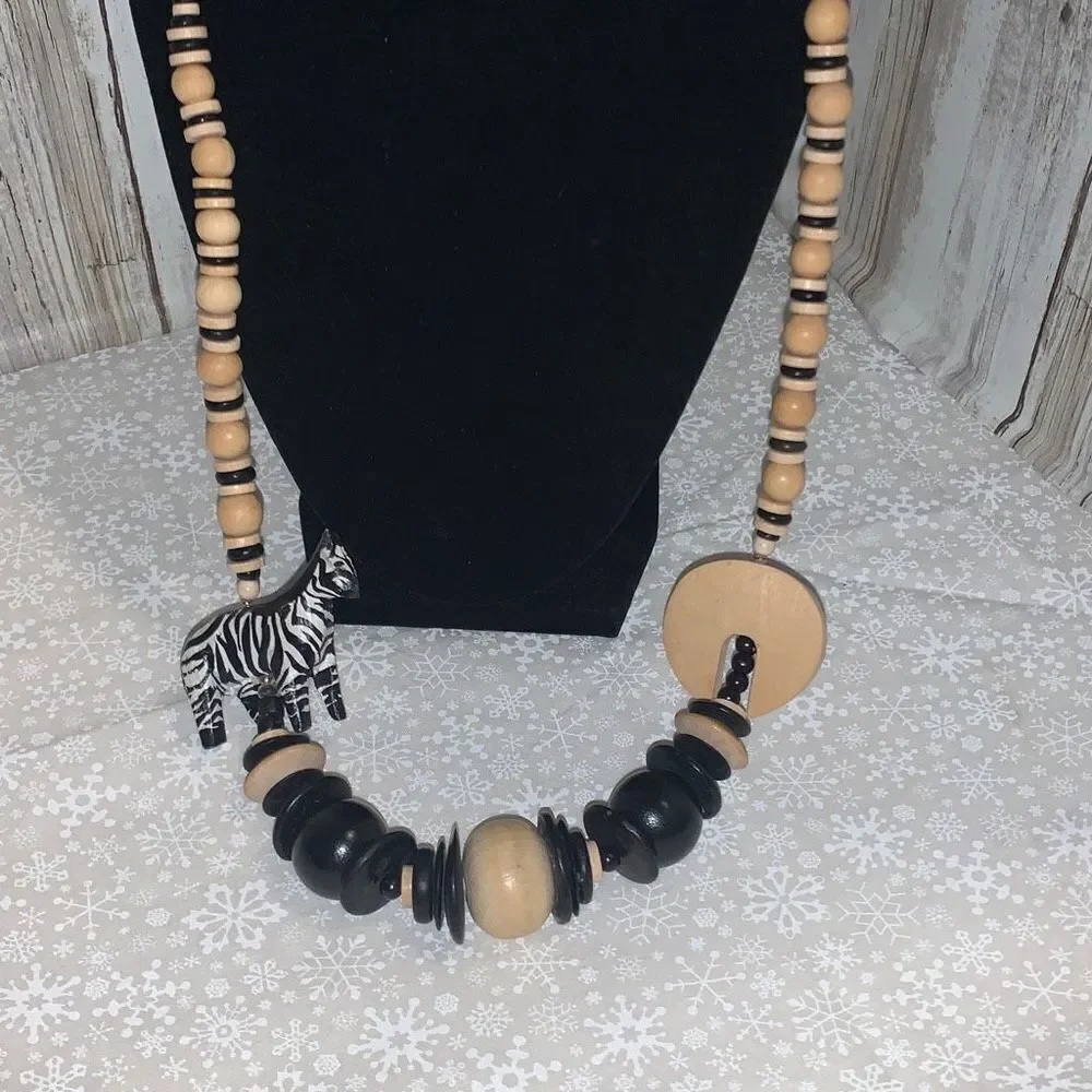 Vintage‎ Wood Hand Carved Zebra Bead Necklace 29”